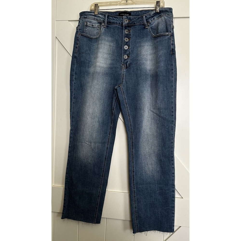 NWT Risen Women's High Rise Button Fly Straight‎ Leg Jeans Sz 2XL Blue Frayed